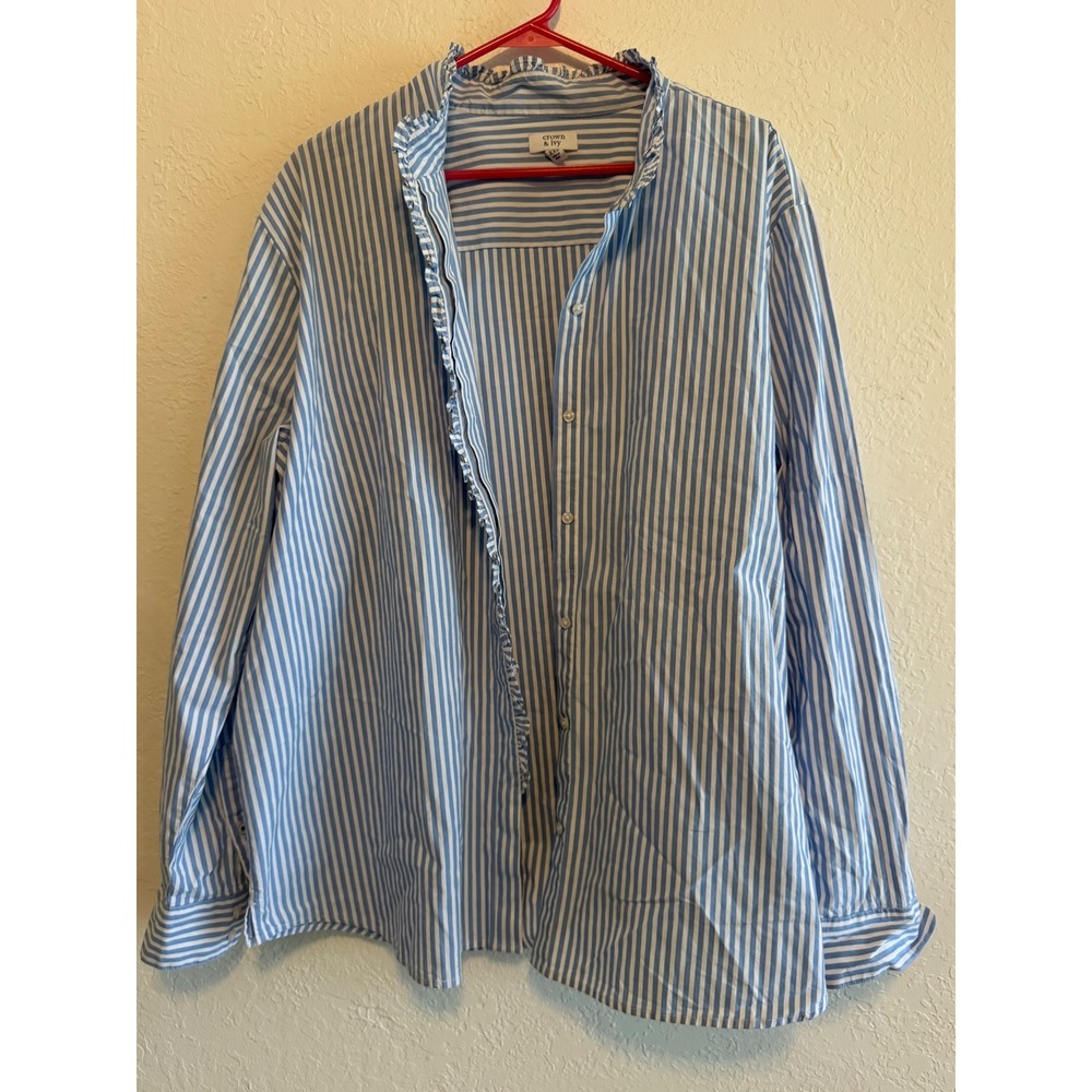 Crown & Ivy Blue White Striped Ruffle Collar Button Down Shirt XXL